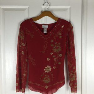 Long Sleeve Beaded V Neck Floral Tie Back Top